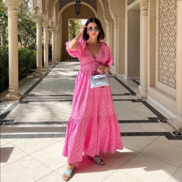 Zara pink openwork embroidery  voluminous cotton dress - Picture 10 of 15